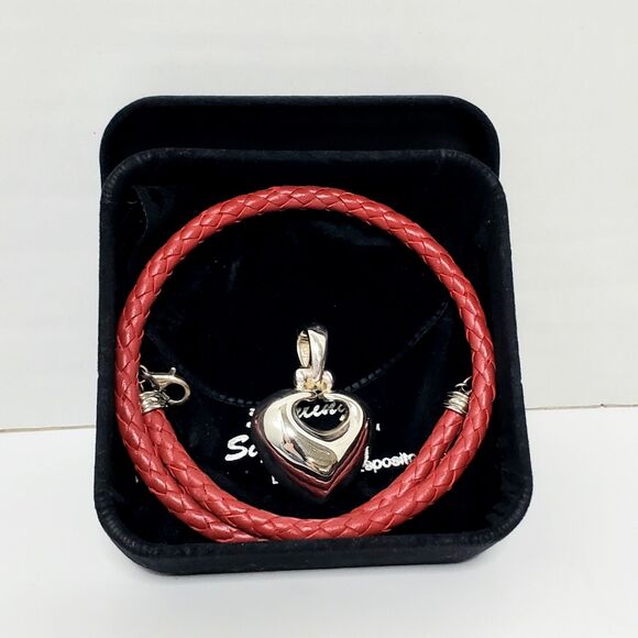 Joseph Esposito Jewelry - Joseph Esposito 925 Sterling Silver Heart Pendant Red Braided Leather Necklace